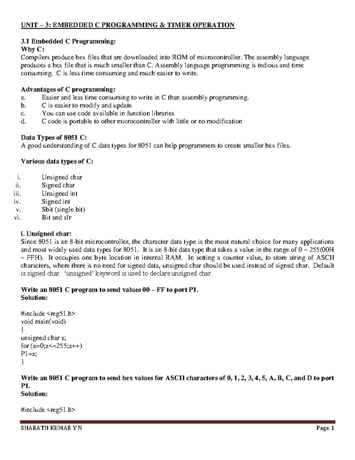 UNIT 3: Embedded C Programming - Timer Operations and Data Types - Studocu