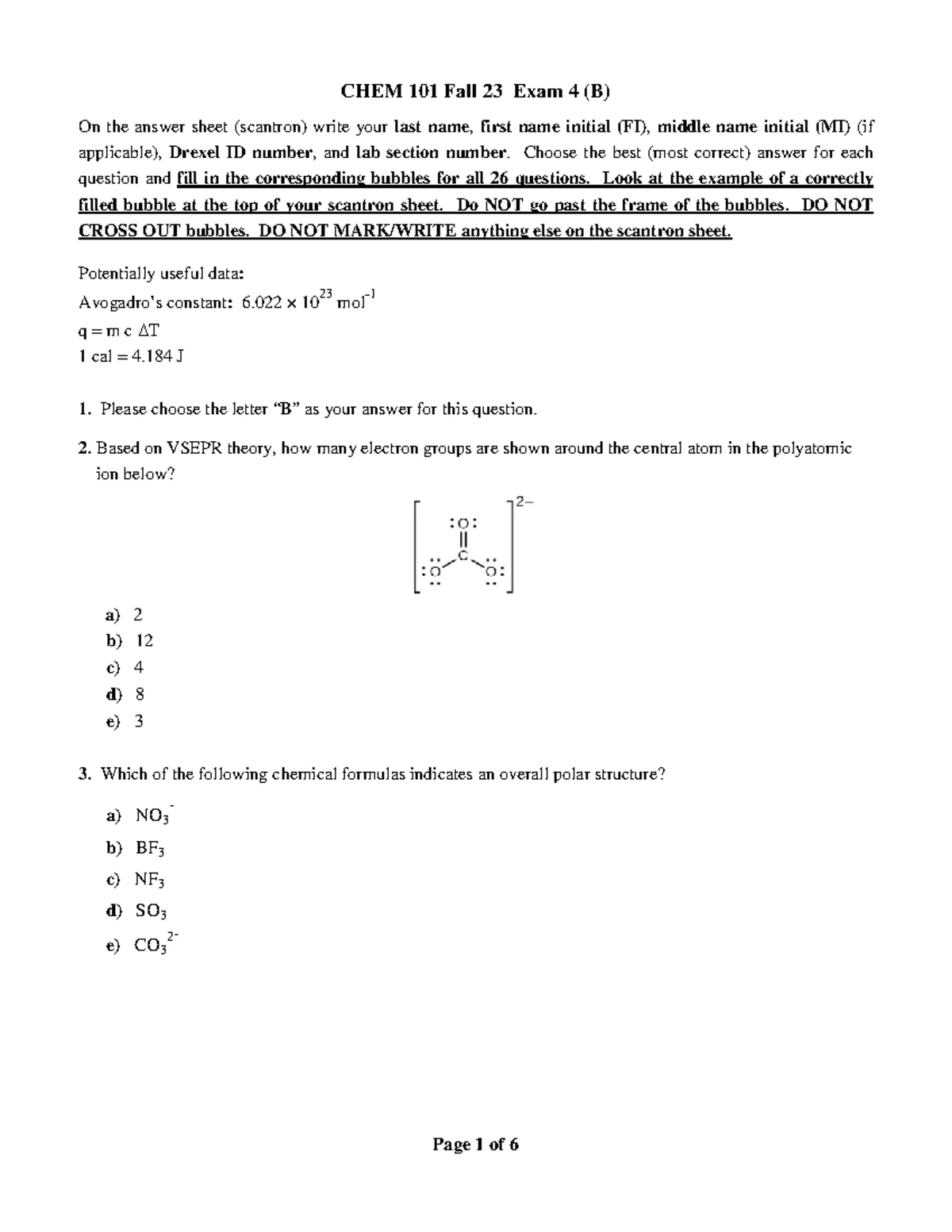 Practice Questions for CHEM 101 Exam 4 - F24 - Studocu