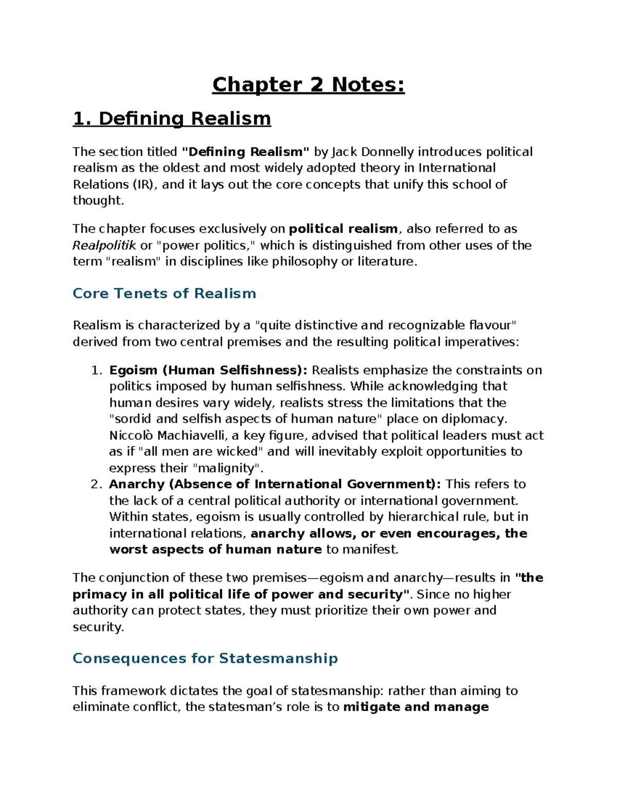 Chapter 2 - Realism: Key Concepts and Theoretical Insights - Studocu
