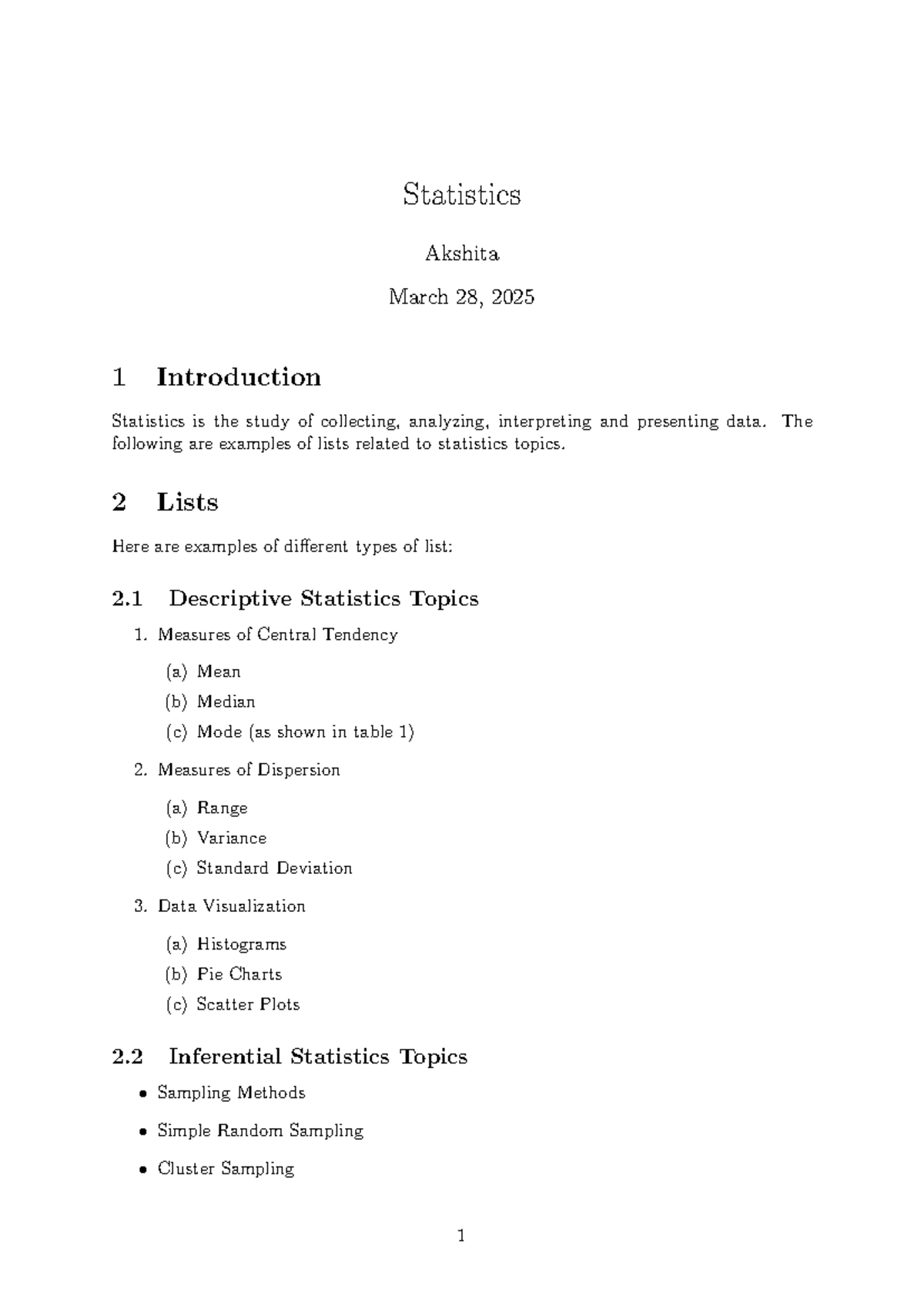 Statistics Topics Overview - Akshita - March 2025 - Studocu