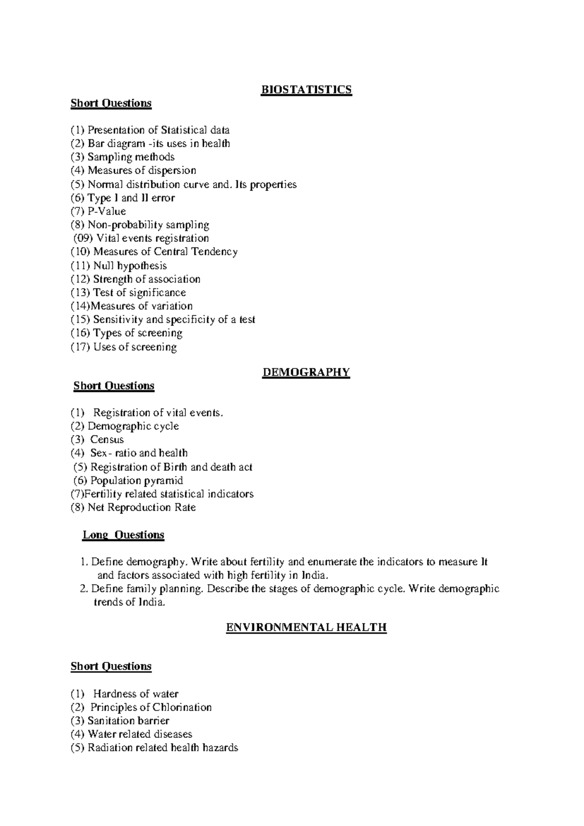 Community Medicine Paper: Key Topics and Short Questions - Studocu