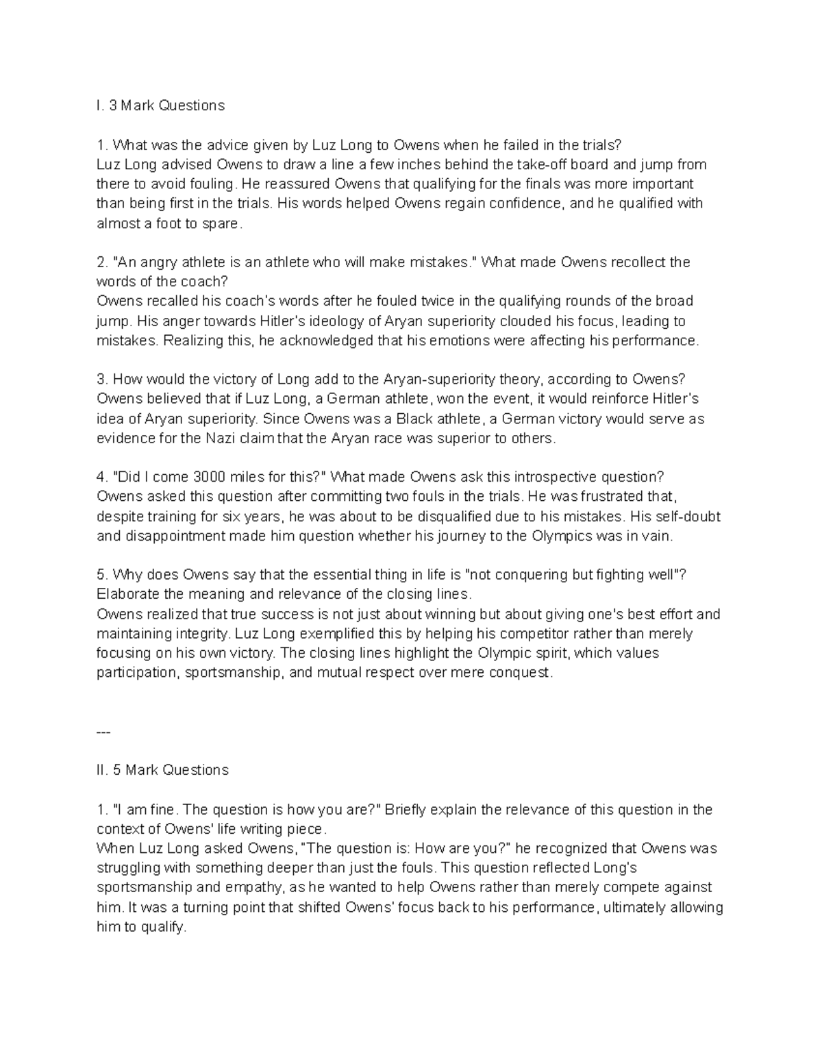Essay Notes: My Greatest Olympic Prize (3 Mark, 5 Mark, & 10 Mark Qs ...