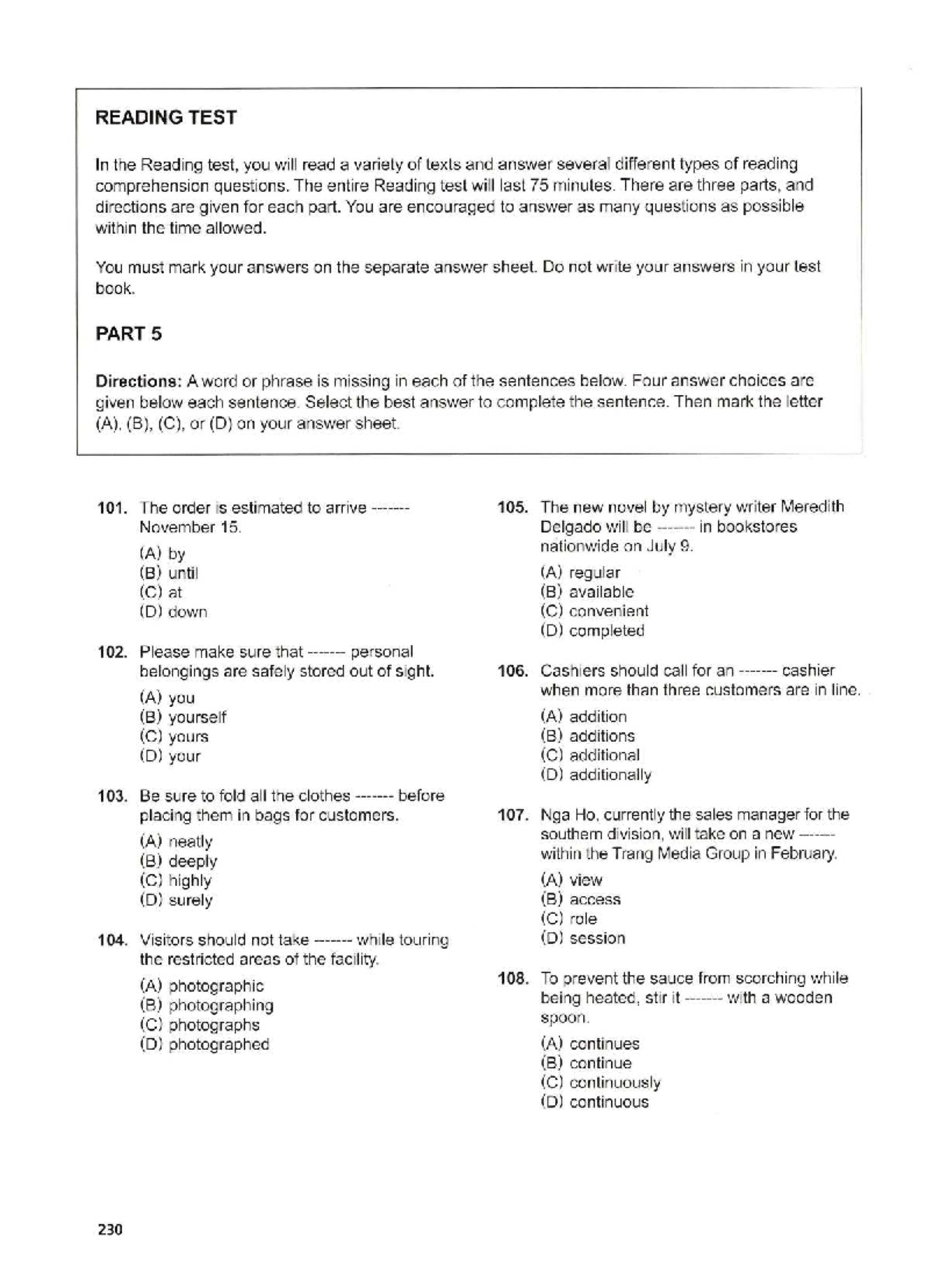 READING TEST: Comprehension Questions and Directions - Studocu