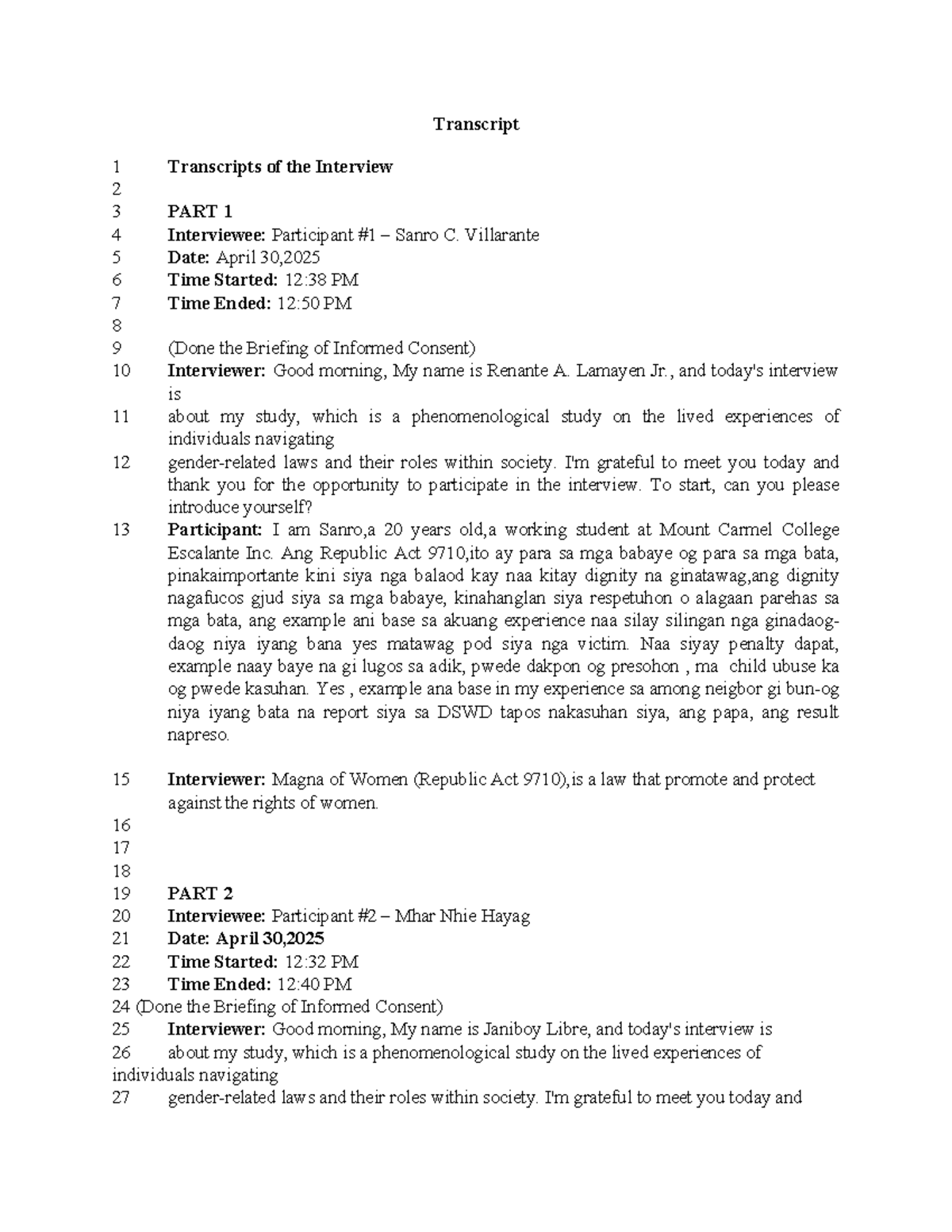 Phenomenological Study Transcript on Gender-Related Laws (2025) - Studocu