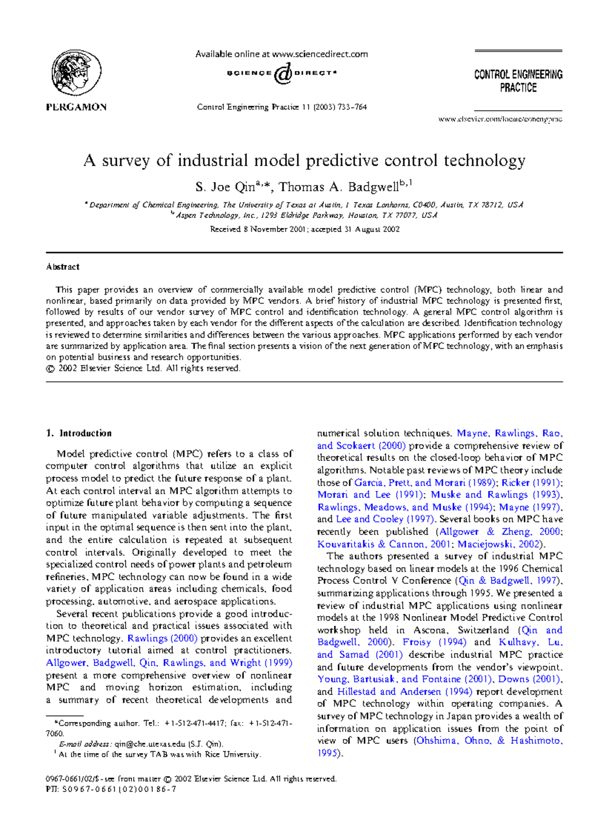 Survey of Industrial Model Predictive Control Technology (C0400) - Studocu