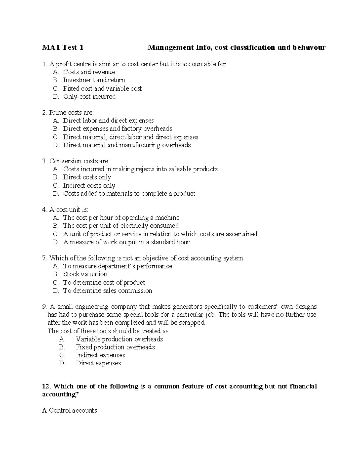 MA1 Test 1 - Mock Exam on Management Information & Cost Behavior - Studocu