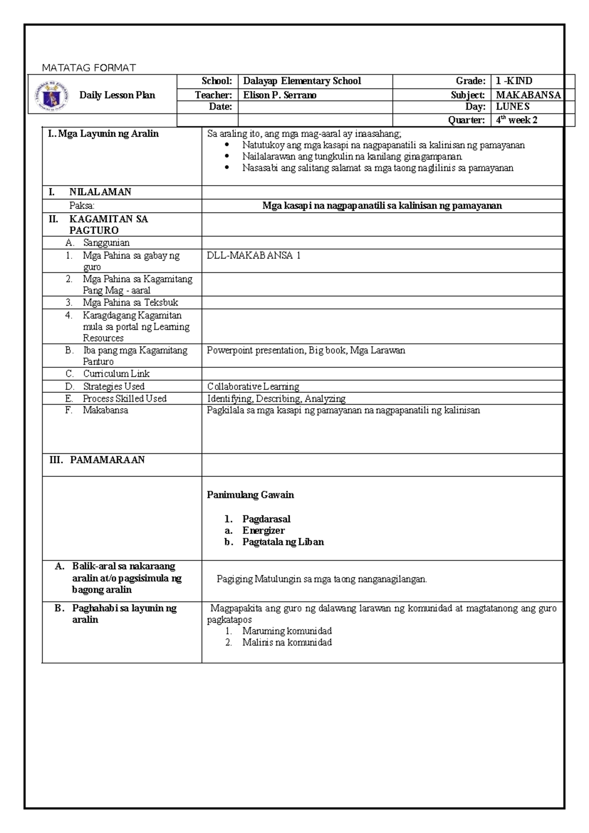MATATAG FORMAT Daily Lesson Plan I: Makabansa Grade 1 - Studocu
