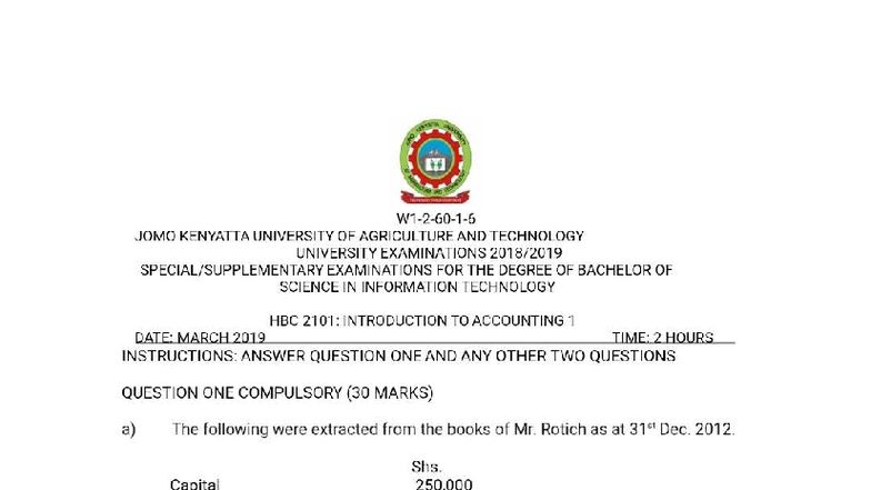 HBC 2101: Introduction to Accounting 1 - Exam Paper March 2019 - Studocu