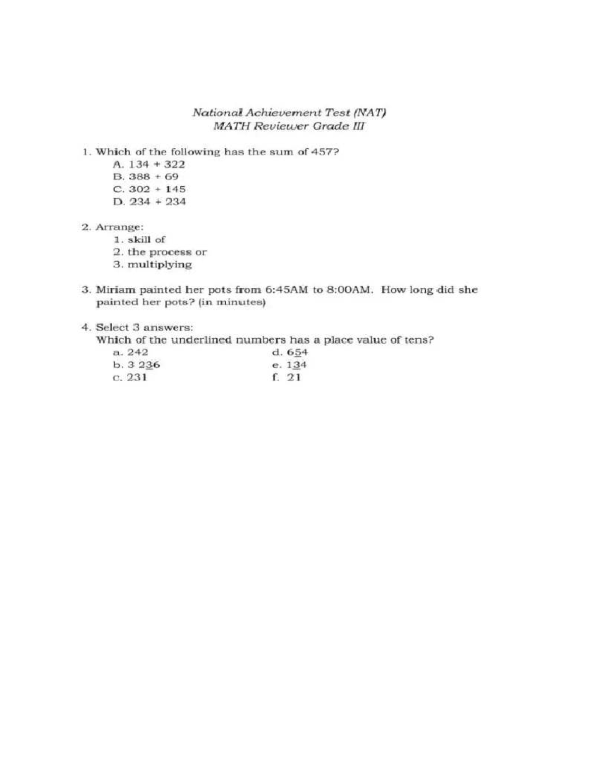 NAT MATH Reviewer for Grade 1: Ellna Numeracy Practice - Studocu