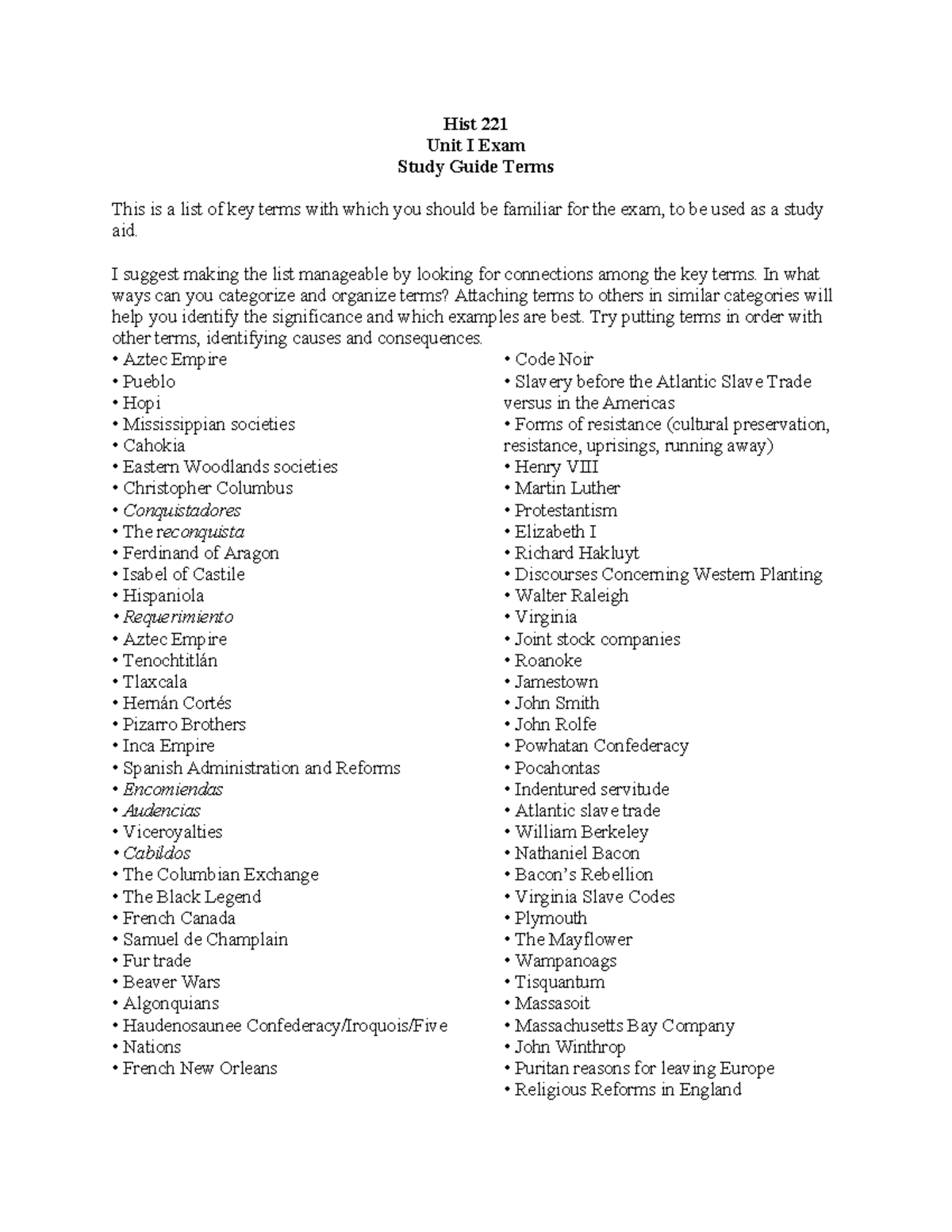 Hist 221 Unit I Exam Study Guide: Key Terms & Concepts Overview - Studocu