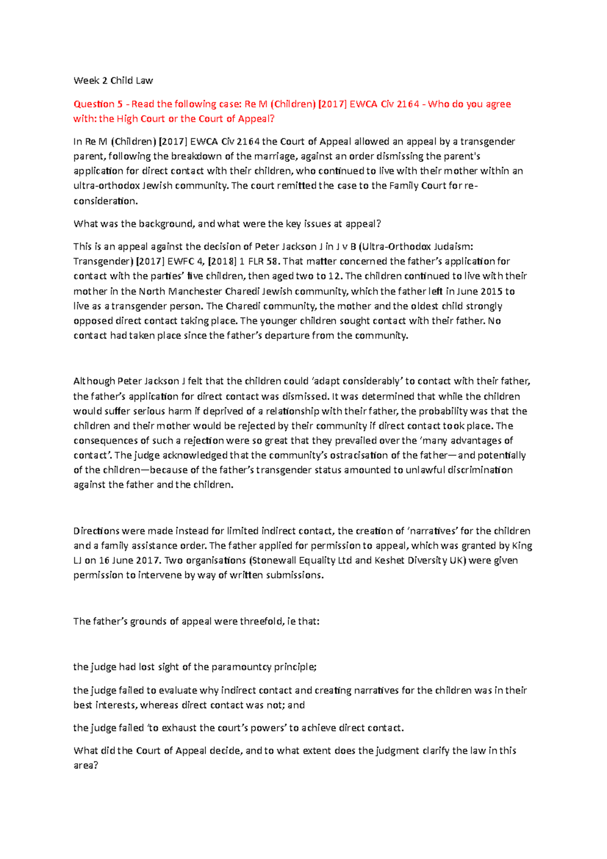 Re M (Children) [2017] Case: Court of Appeal Decision Breakdown - Studocu