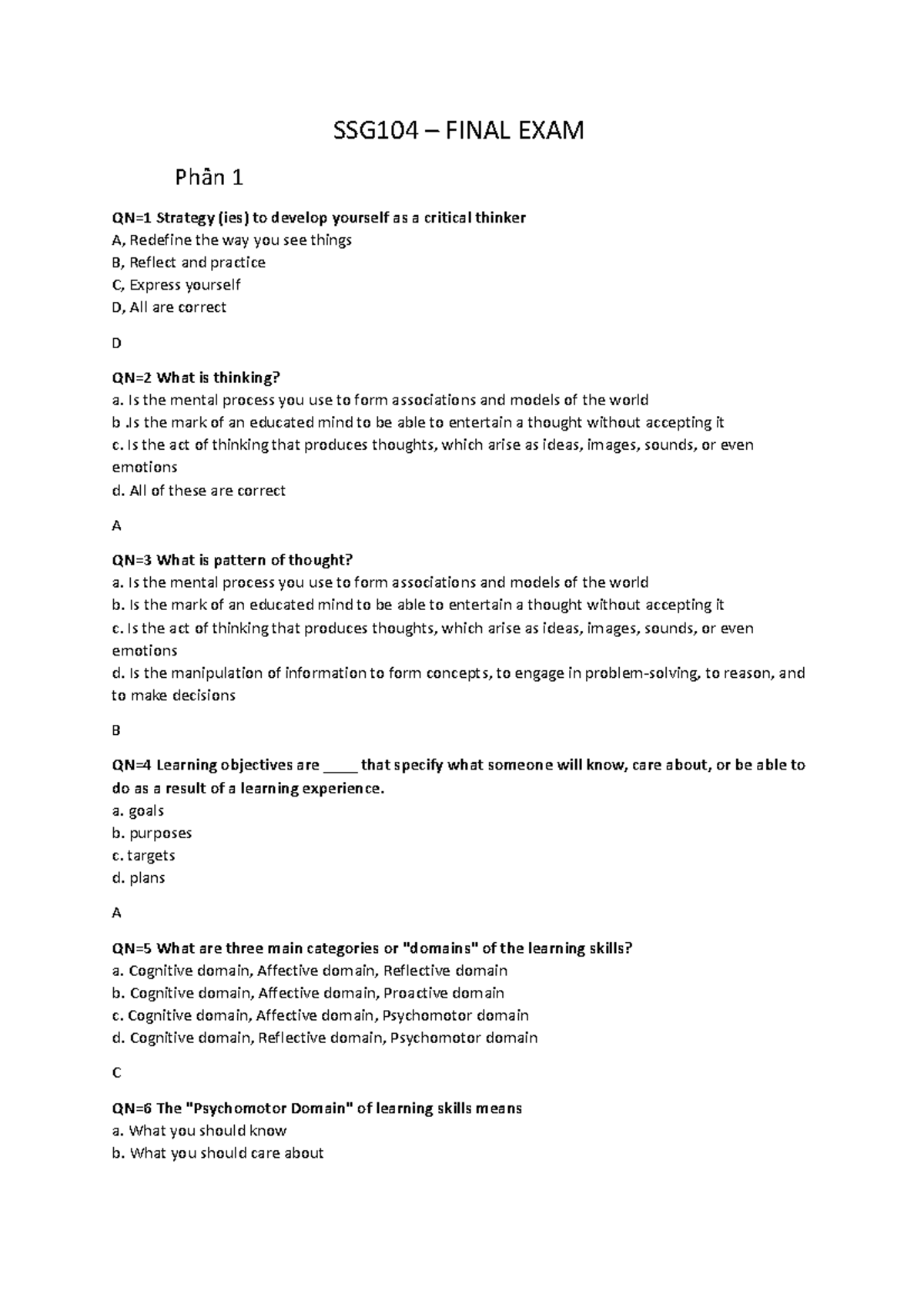 SSG104 - Final Exam Study Guide: Master Critical Thinking Skills - Studocu