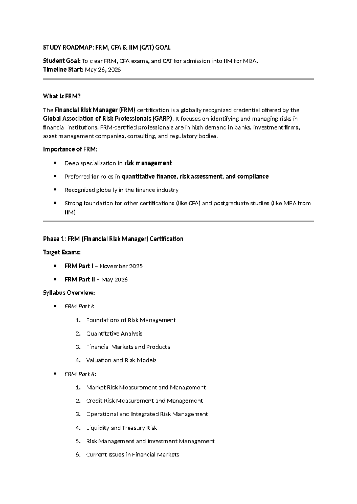 Study Roadmap: FRM & CFA Exam Preparation for IIM MBA - Studocu