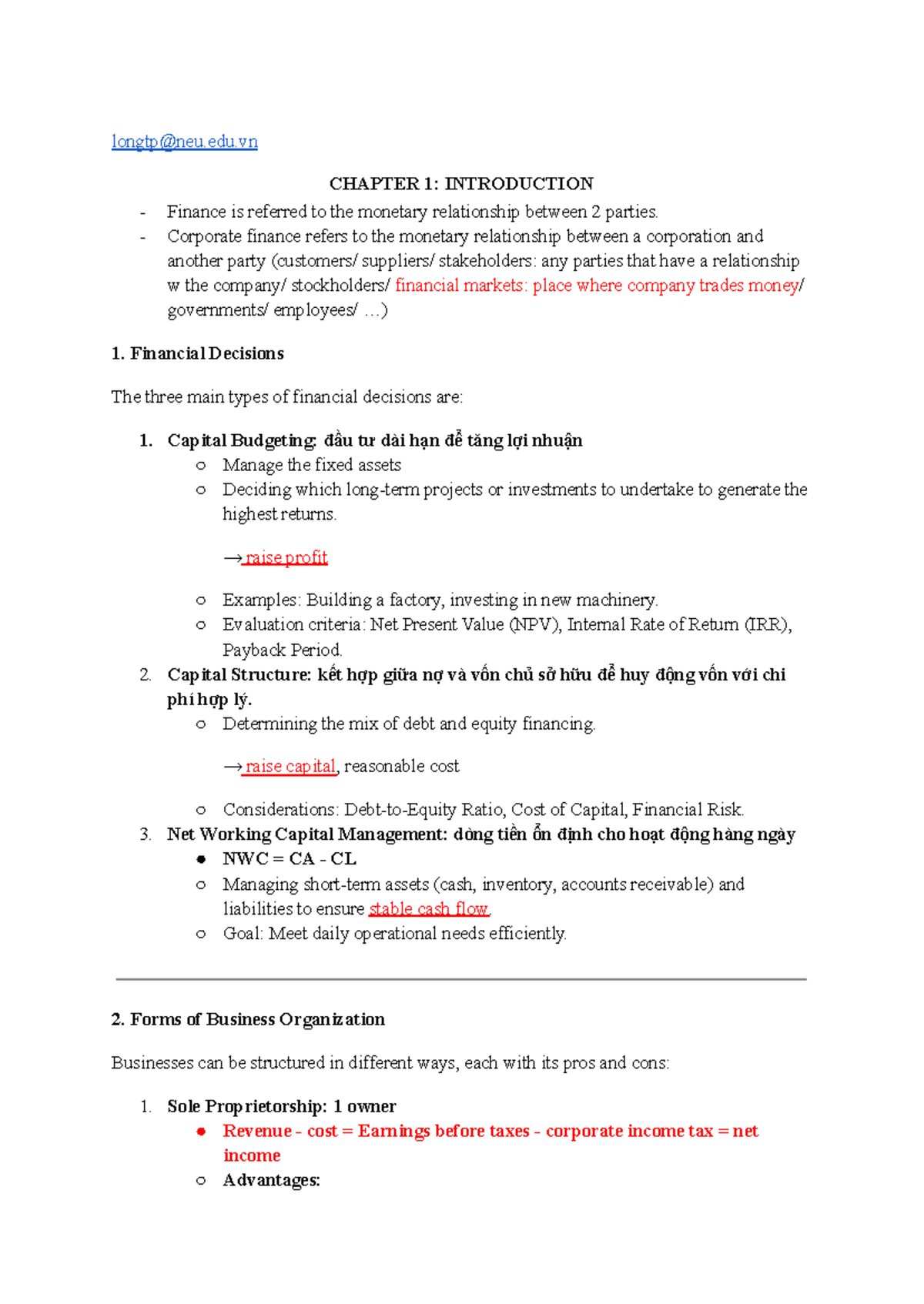 TCDN 101: CHAPTER 1 & 2 - Corporate Finance Overview & Key Concepts ...