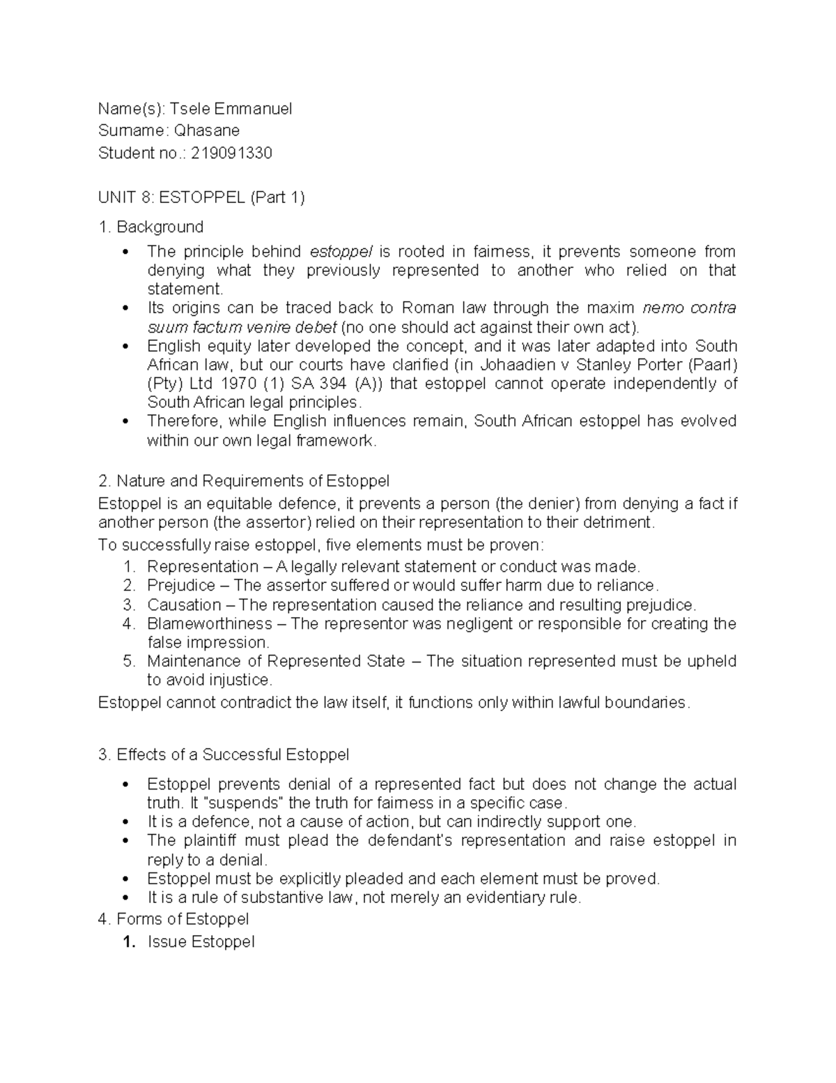 Unit 8: Law of Estoppel - Principles and Requirements (Part 1) - Studocu