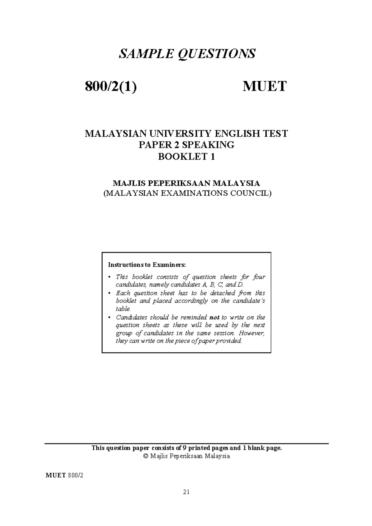 Sample Questions muet- speaking - SAMPLE QUESTIONS 800/2(1) MUET ...
