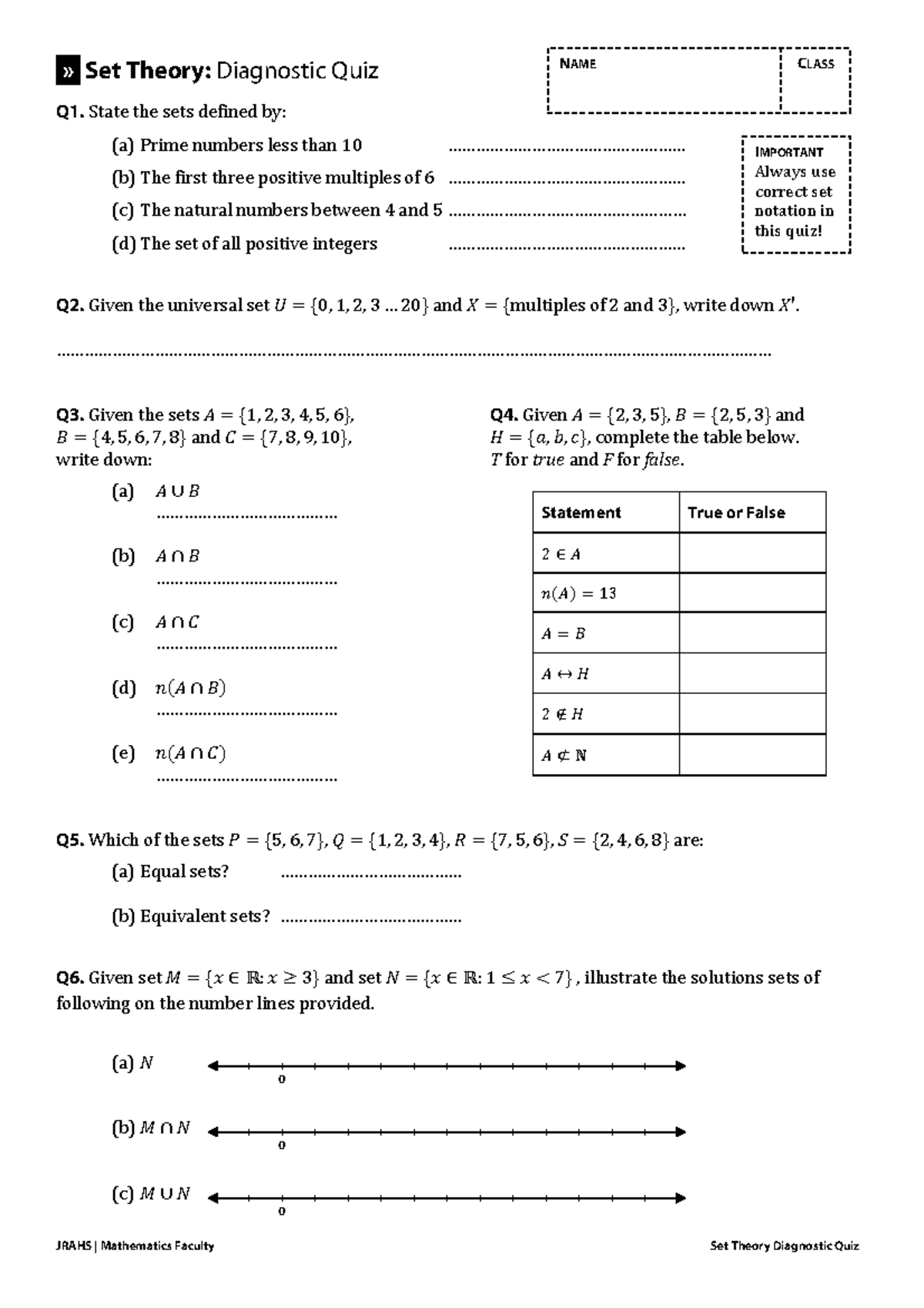 Set Theory Quiz - JRAHS Mathematics Diagnostic Assessment - Studocu