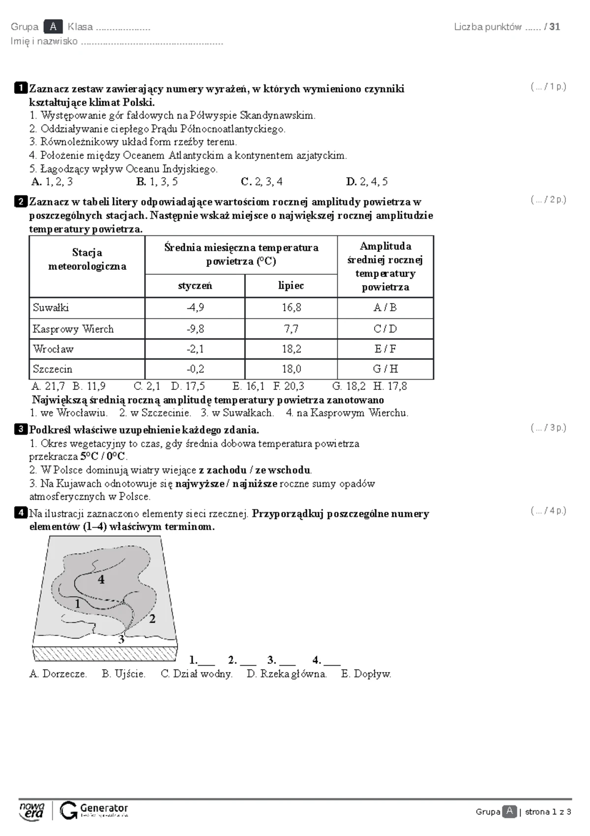 Zestaw zadań - Sprawdzian z systematyki związków nieorganicznych Gr.A