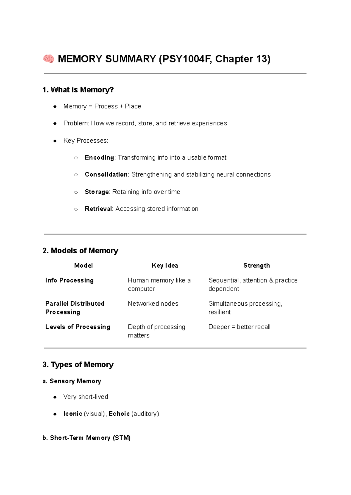 Memory Summary and Key Concepts (PSY1004F, Chapter 13) - Studocu