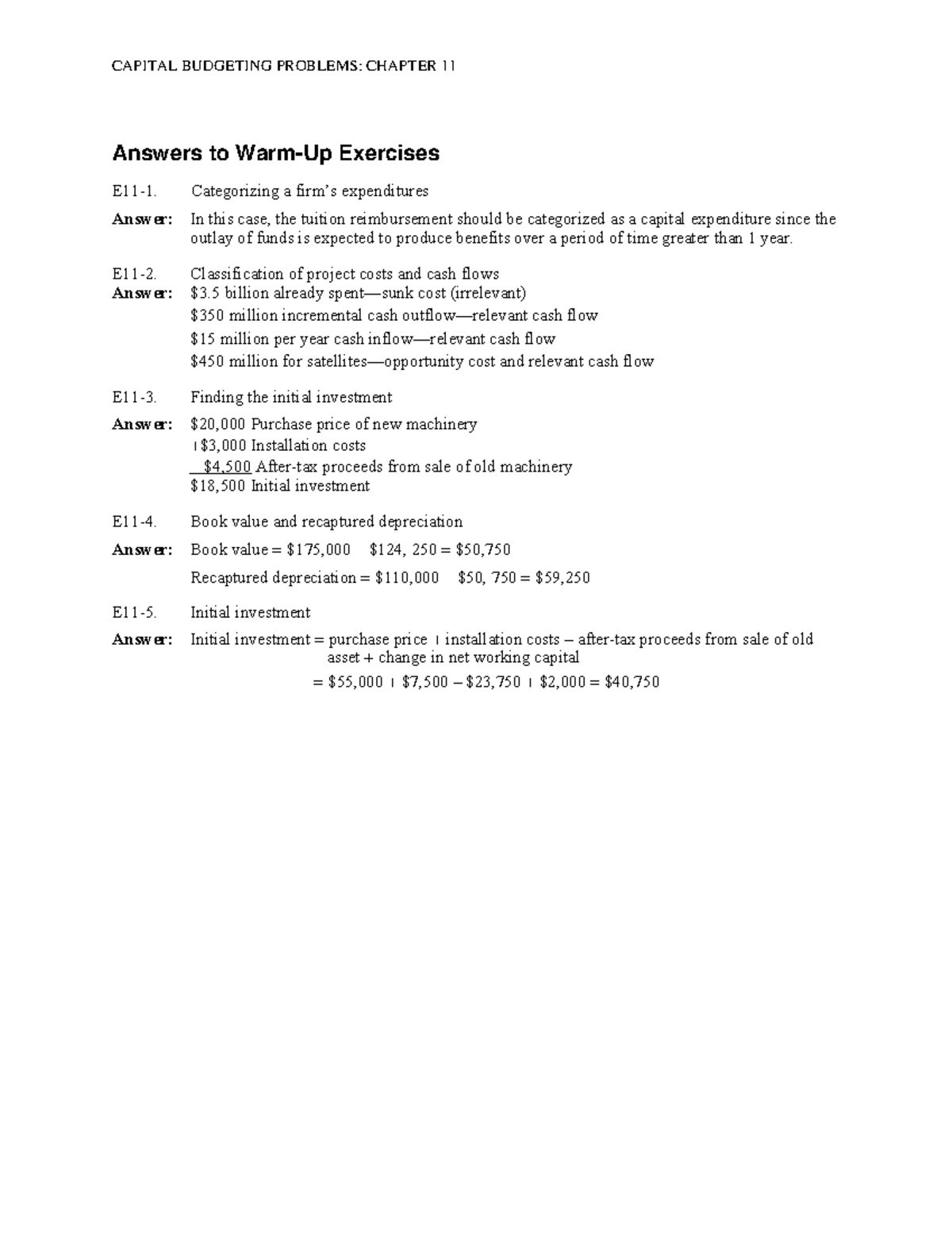 CAPITAL BUDGETING PROBLEMS: CHAPTER 11 Solutions and Exercises - Studocu
