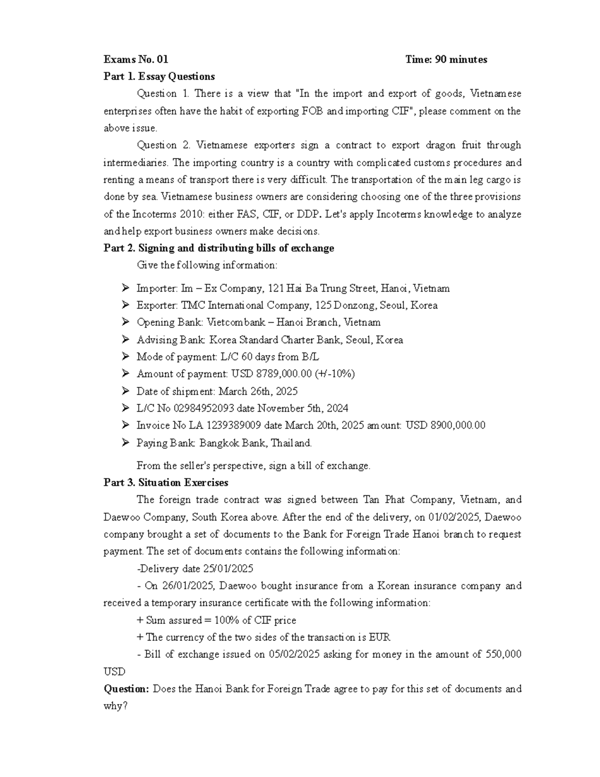 Exams No. 01: Essay Questions & Bill of Exchange Analysis - Studocu