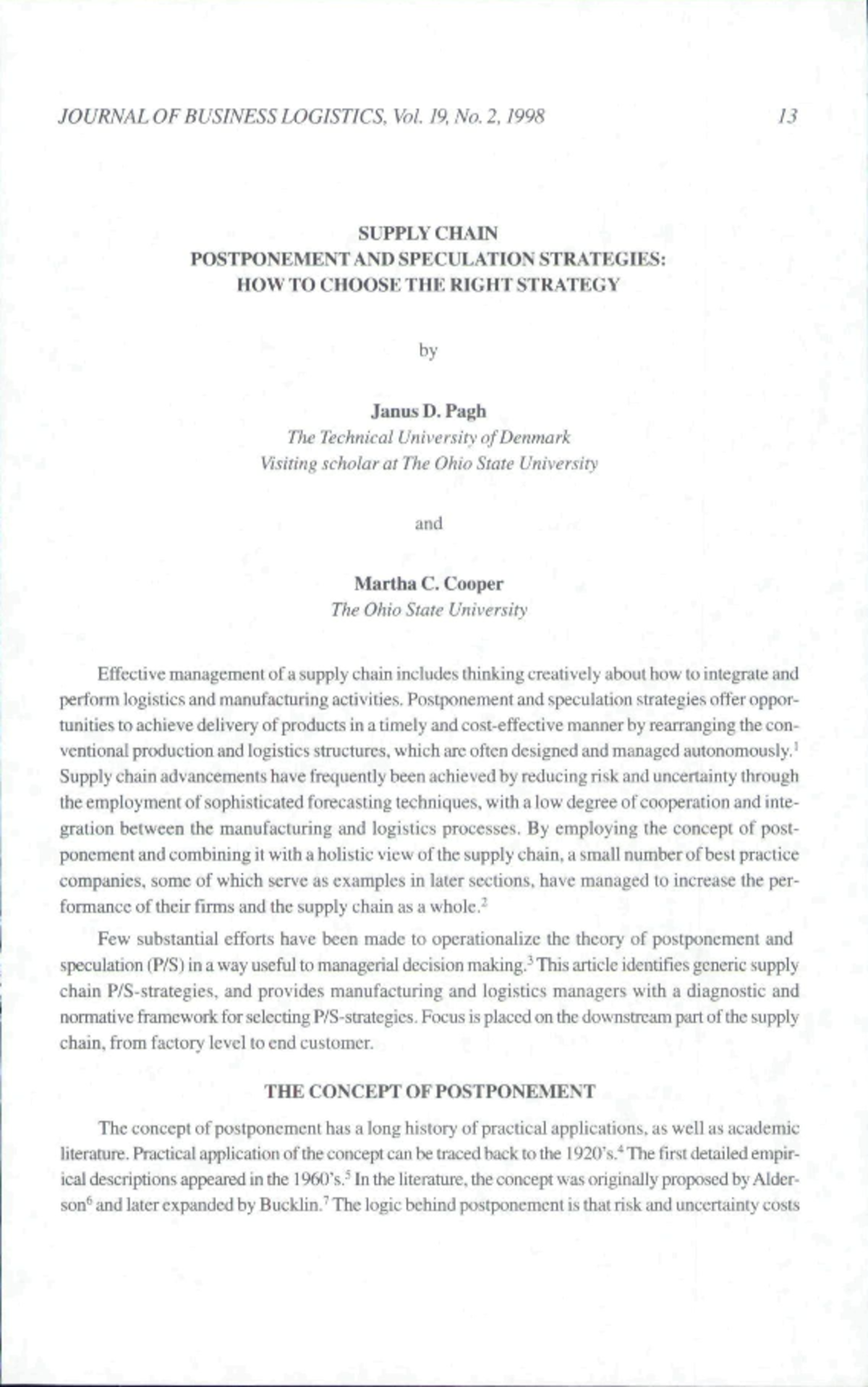 Supply Chain Postponement & Speculation Strategies (JBL Vol. 19, No. 2 ...