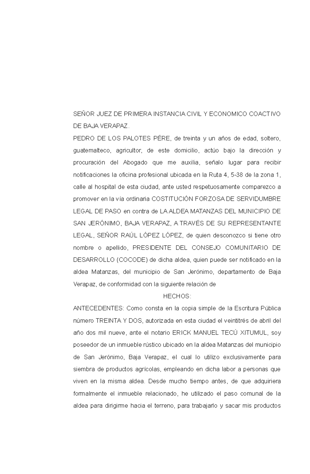 Demanda Ordinaria Civil: Constitución Forzosa de Servidumbre Legal - Document Preview