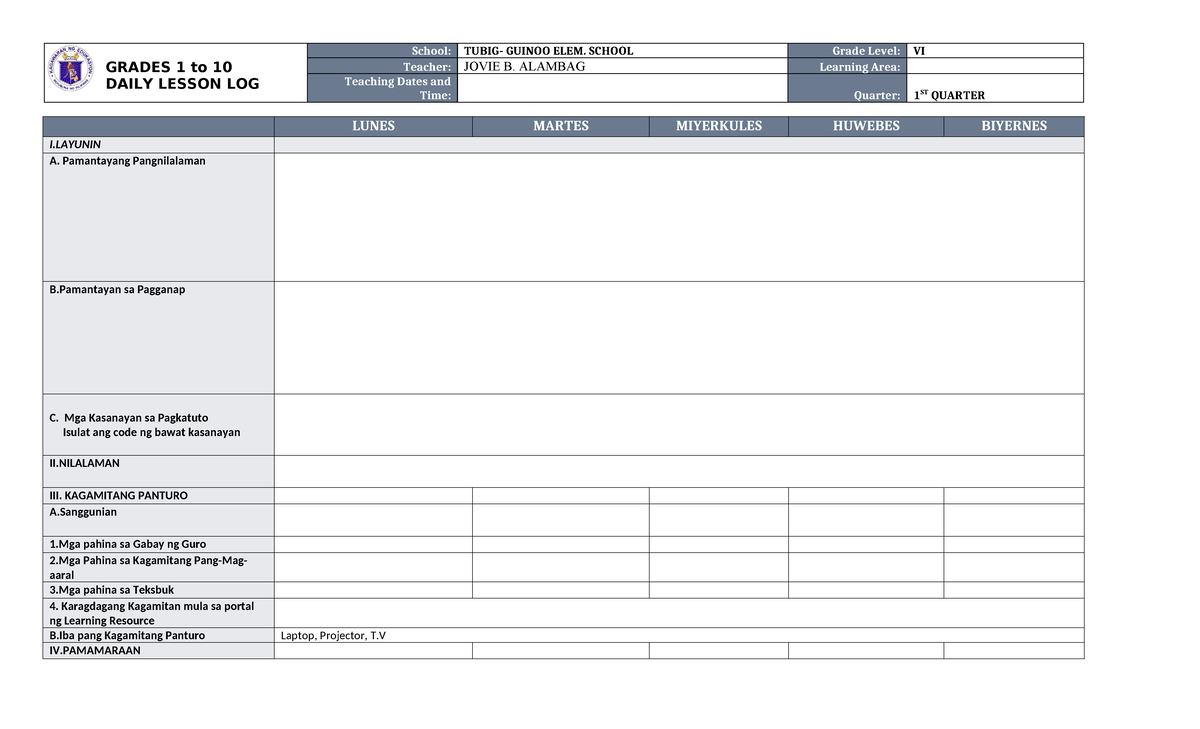 DLL ESP 6 Q1 W4 - Daily Lesson Log for Grade 6 ESP - Studocu