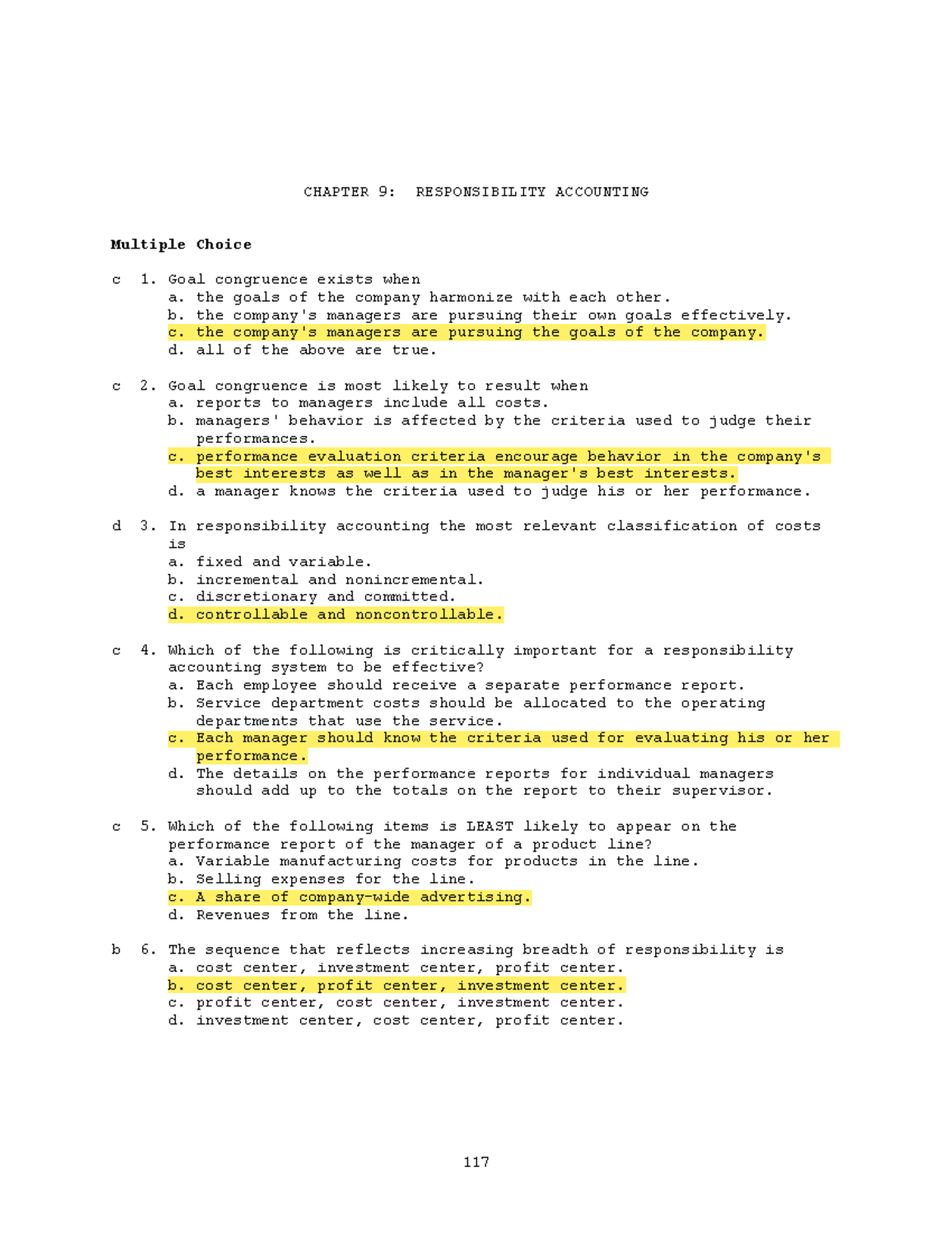Responsibility Accounting Overview - Chapter 9 Study Notes - Studocu