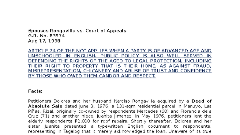 Spouses Rongavilla vs. Court of Appeals: G.R. No. 83974 Case Analysis ...