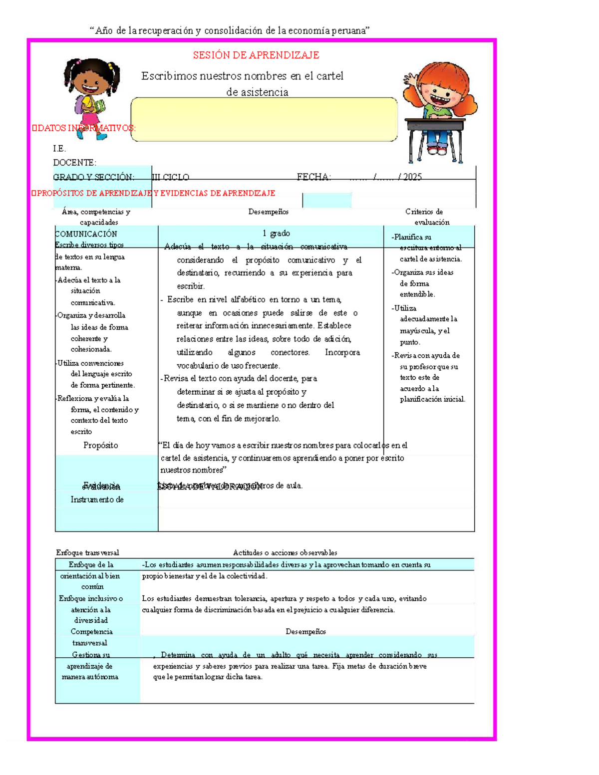 Sesión de Aprendizaje: Cartel de Asistencia y Escritura en Grado 1 ...