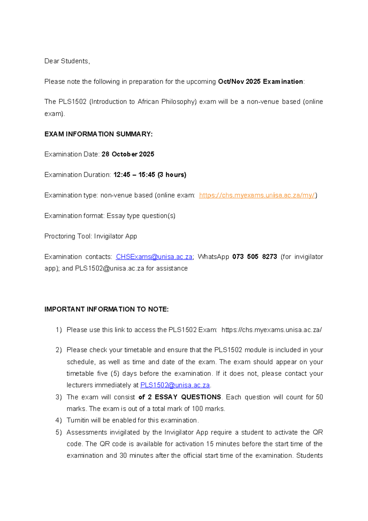 PLS1502 Final Exam Info & Preparation Guide - Oct 2025 - Studocu