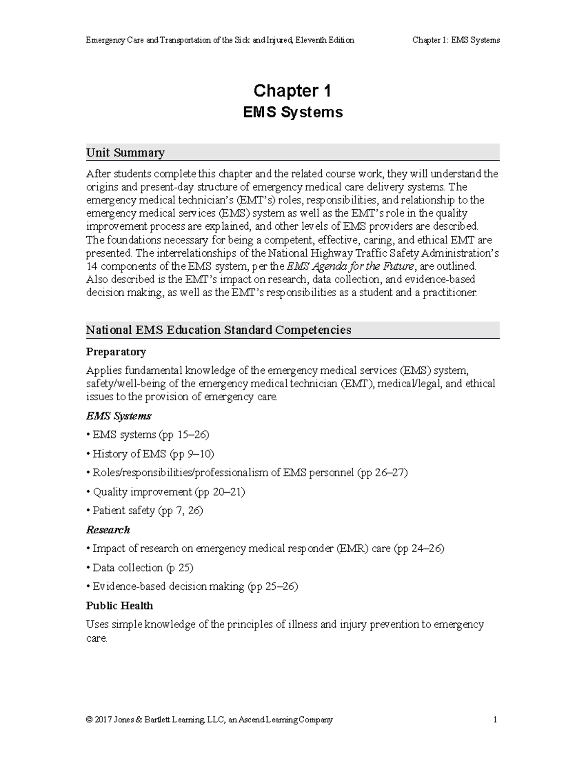 Chapter 1 Focused Outline - Chapter 1 EMS Systems Unit Summary After ...