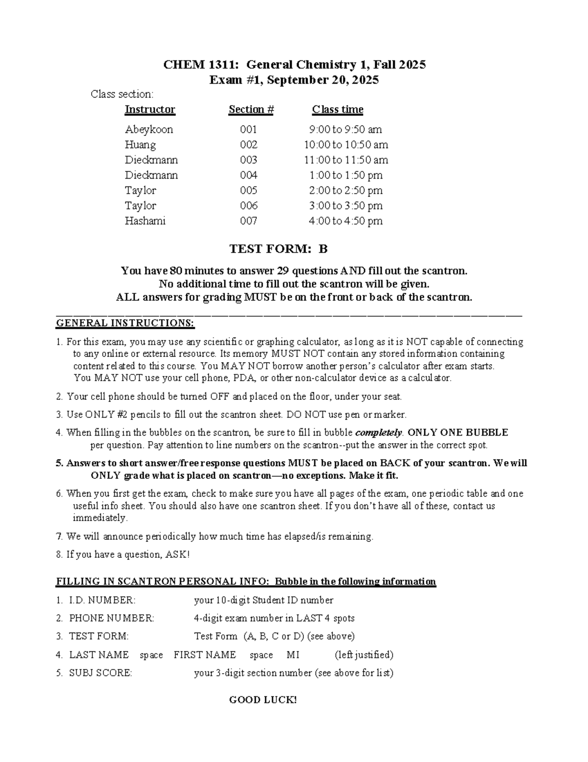 CHEM 1311: General Chemistry 1 Fall 2025 Exam Review - Version B - Studocu