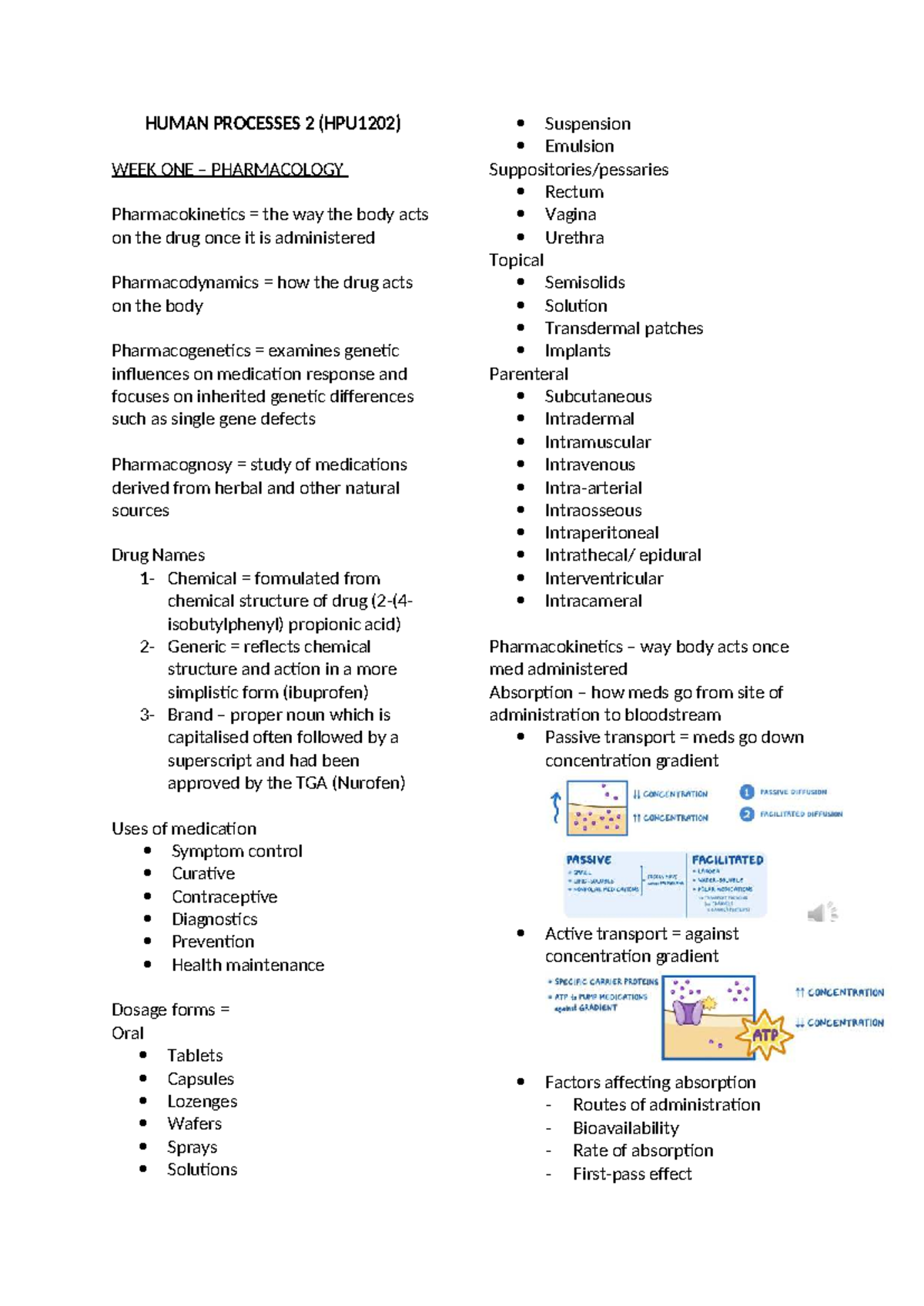 Human Processes 2 (HPU1202) Week 1-4 Lecture Notes on Pharmacology ...