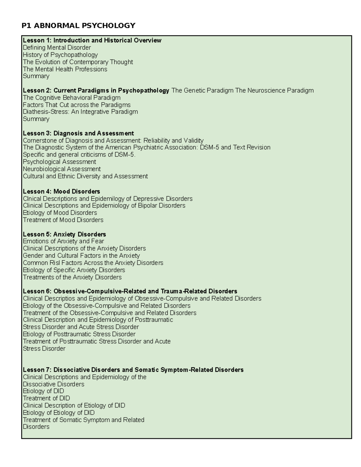 P1 ABNORMAL PSYCHOLOGY Lesson Overview and Key Concepts - Studocu