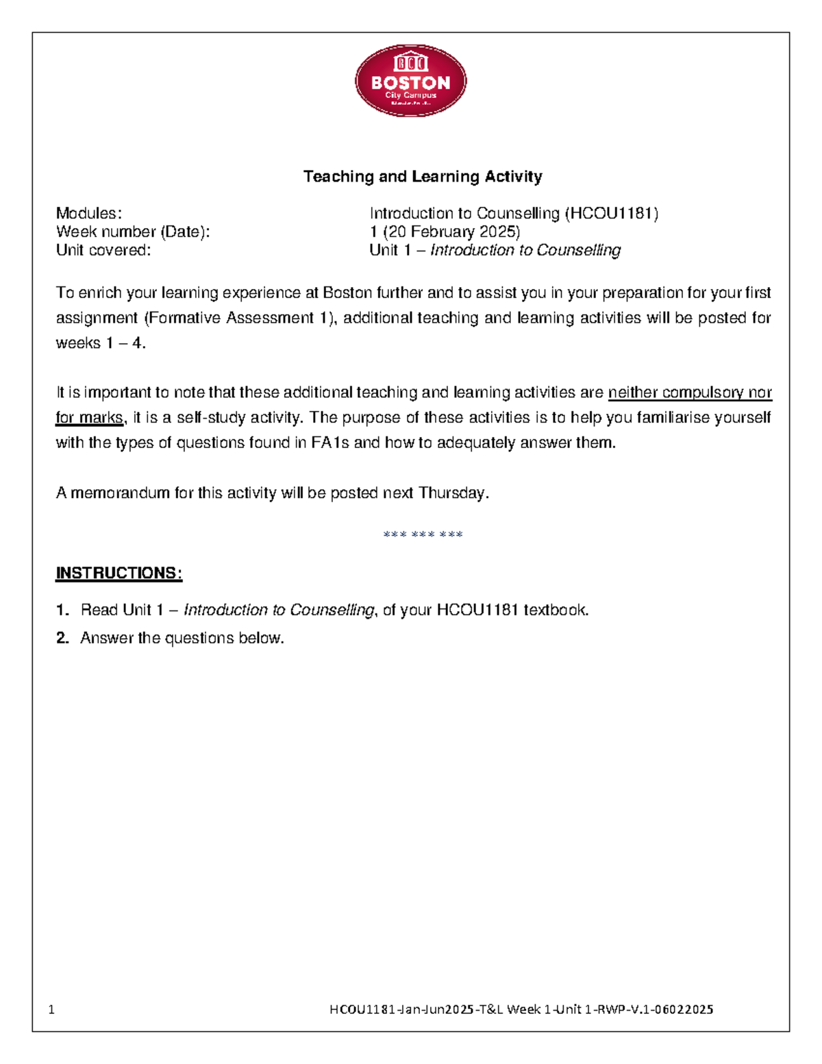 HCOU1181-Jan-Jun2025-T&L Activity-Wk 1-RWP-V - 1 HCOU 1181 - Jan ...