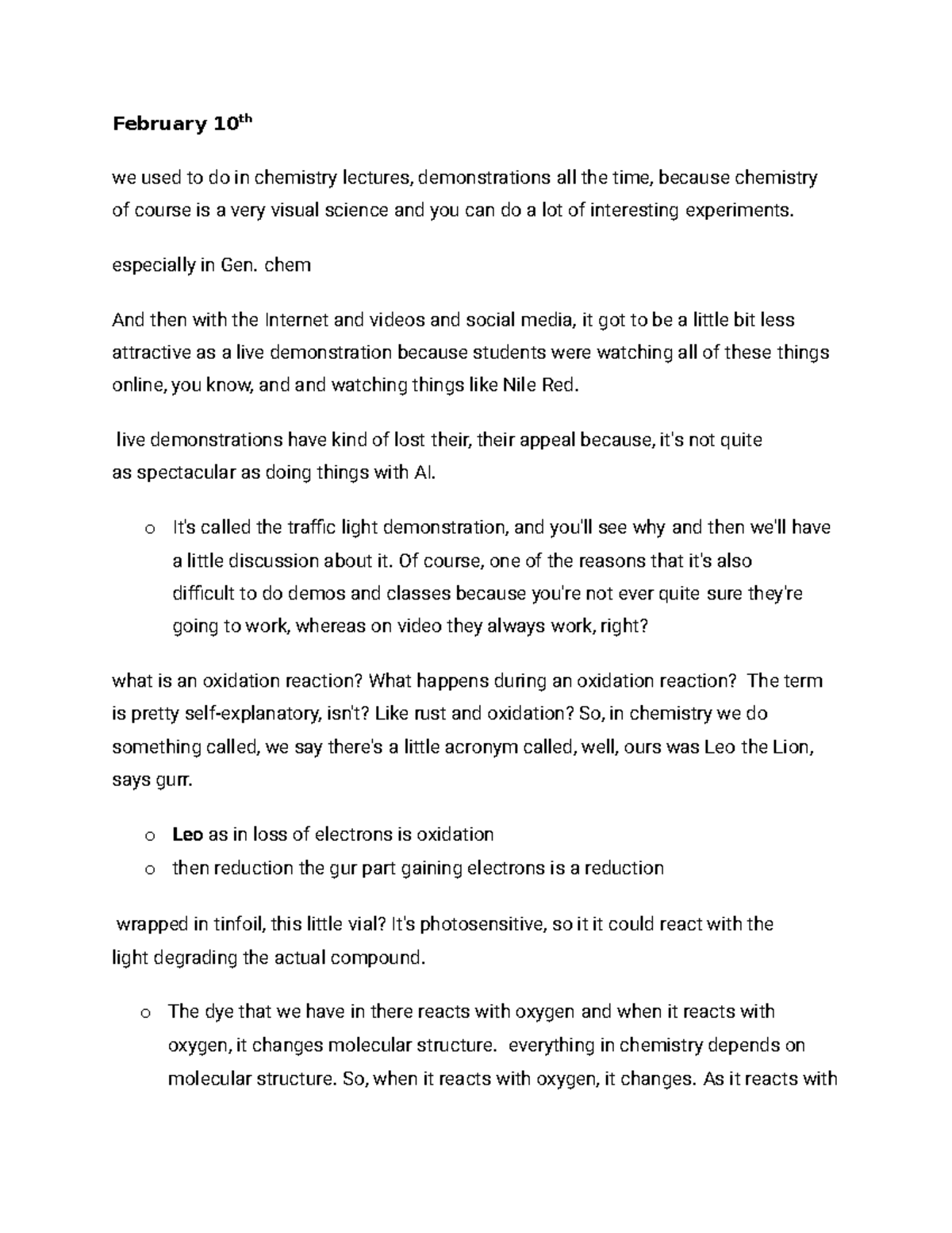 February 10th - Chemistry Lecture Notes on Reactions & Preservatives ...
