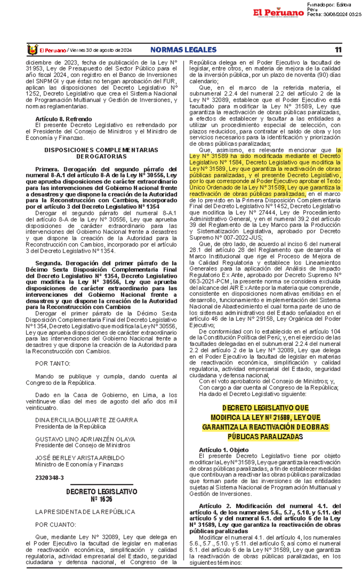 Decreto Legislativo Modifica LEY 31589 - El Peruano /Viernes 30 de ...