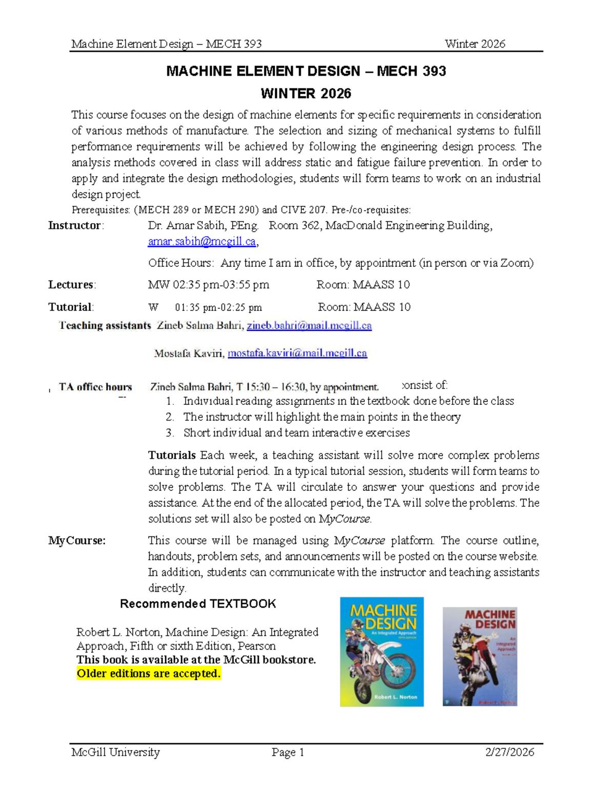Machine Element Design MECH 393 Course Outline Winter 2026 - Studocu
