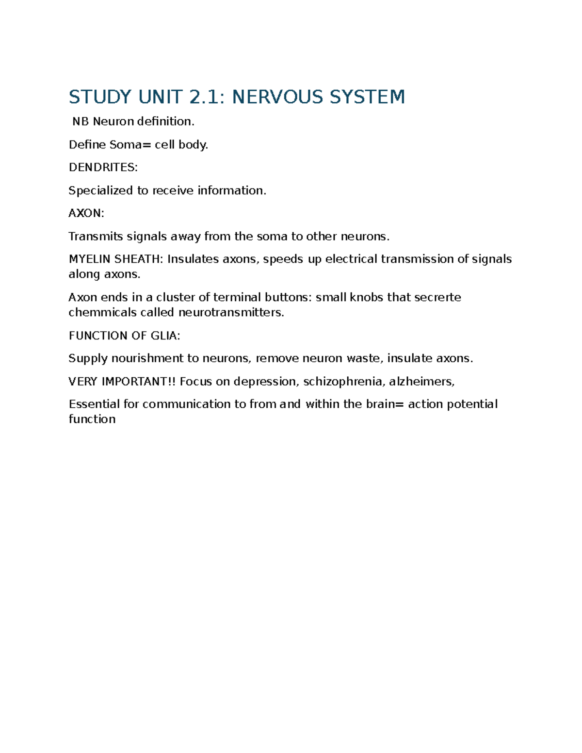 Study UNIT 2 - STUDY UNIT 2: NERVOUS SYSTEM NB Neuron definition ...