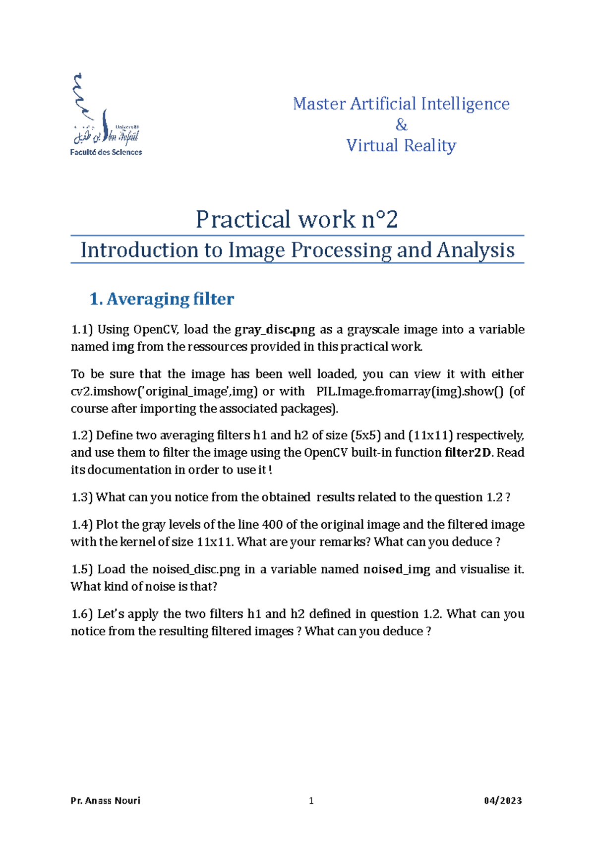 Master AI Practical Work: Image Filtering Techniques & Analysis - Studocu