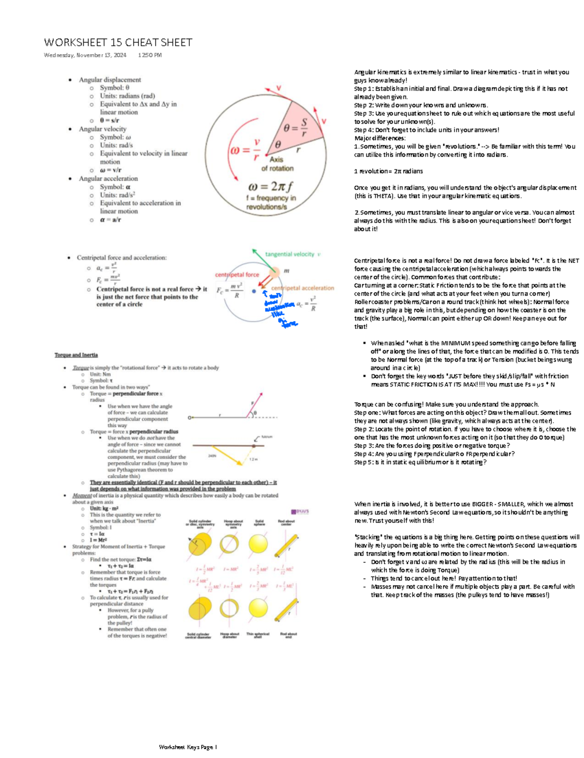 Worksheet 15 Cheat Sheet - Angular kinematics is extremely similar to ...