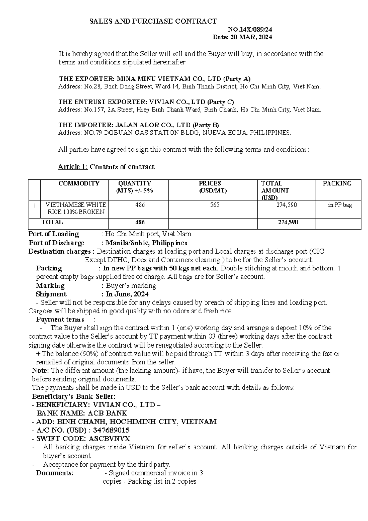 SALES AND PURCHASE CONTRACT: EXPORT OF RICE 6187 - Studocu