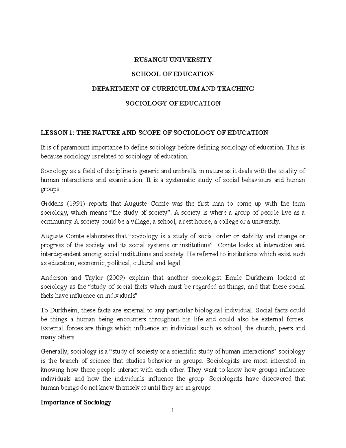 RUSANGU UNIVERSITY SOCIOLOGY OF EDUCATION LECTURE NOTES: LESSON 1 ...