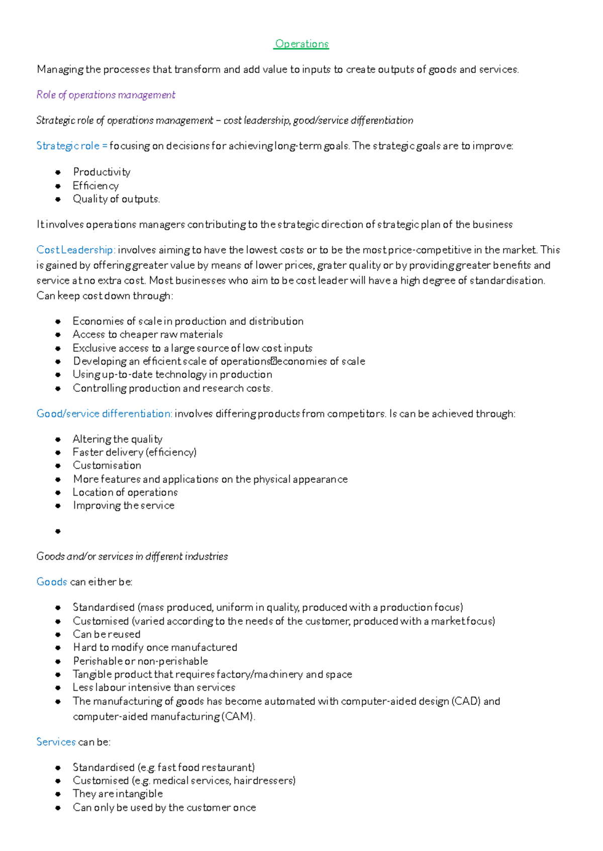 BUS 101: Operations Management Study Notes on Value Creation - Studocu