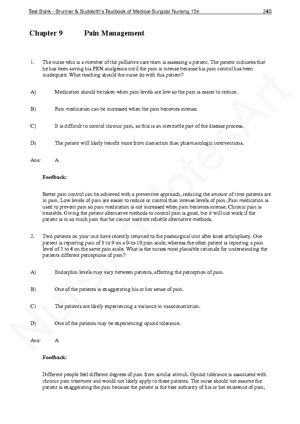 NUR 401: Chapter 9 Pain Management Practice Questions - Studocu