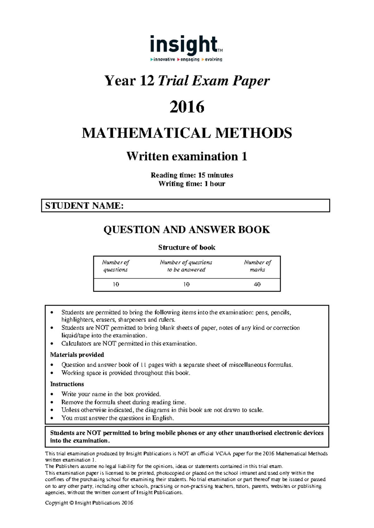 Insight 2016 Maths Methods Trial Exam Paper 1 - Question & Answers ...