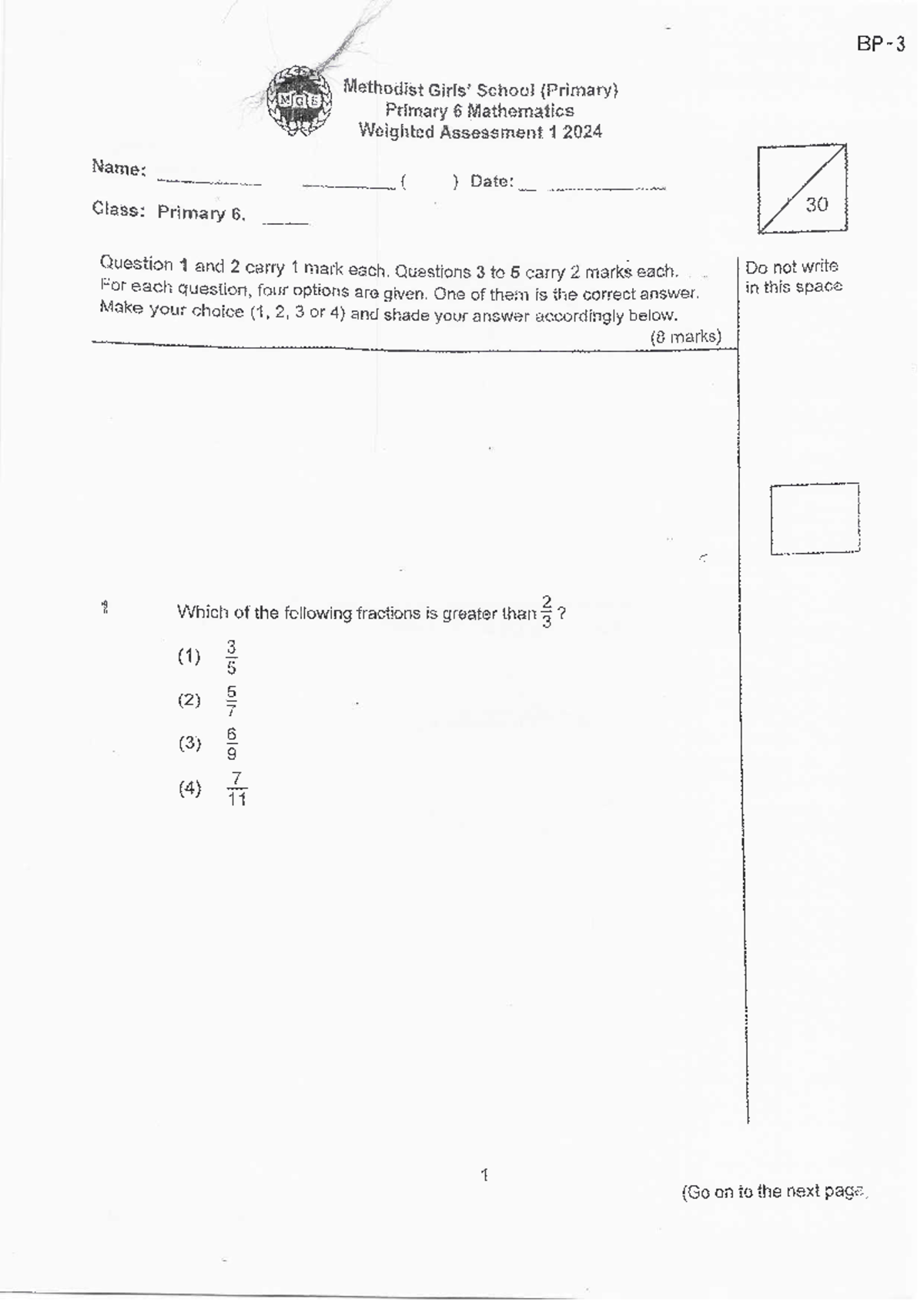 P6 Maths 2024 WA1 Assessment at Methodist School - Studocu