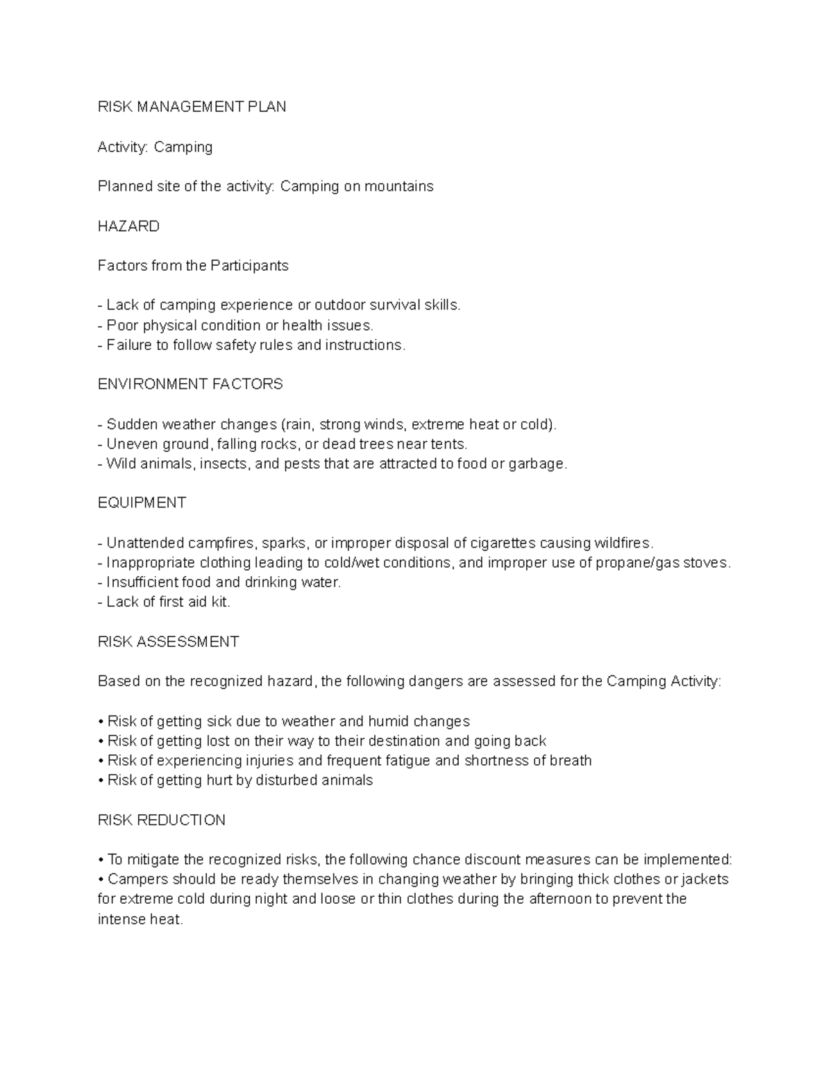 RISK MANAGEMENT PLAN for Camping Activity: Safety & Preparedness - Studocu